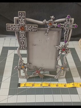 Vintage Silver Cross Picture Frame with Colored Gem Accents